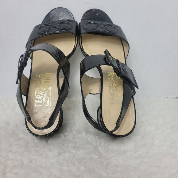 Salvatore Ferragamo Women's Slingback Shoes  Size 8 C Black Patent Block Heel - Picture 10 of 11